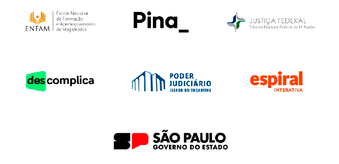 Logotipos dos clientes da Maria Inclusiva: ENFAM, Pina, Justiça Federal, Descomplica, Poder Judiciário do Tocantins, Espiral Interativa, Governo de São Paulo.